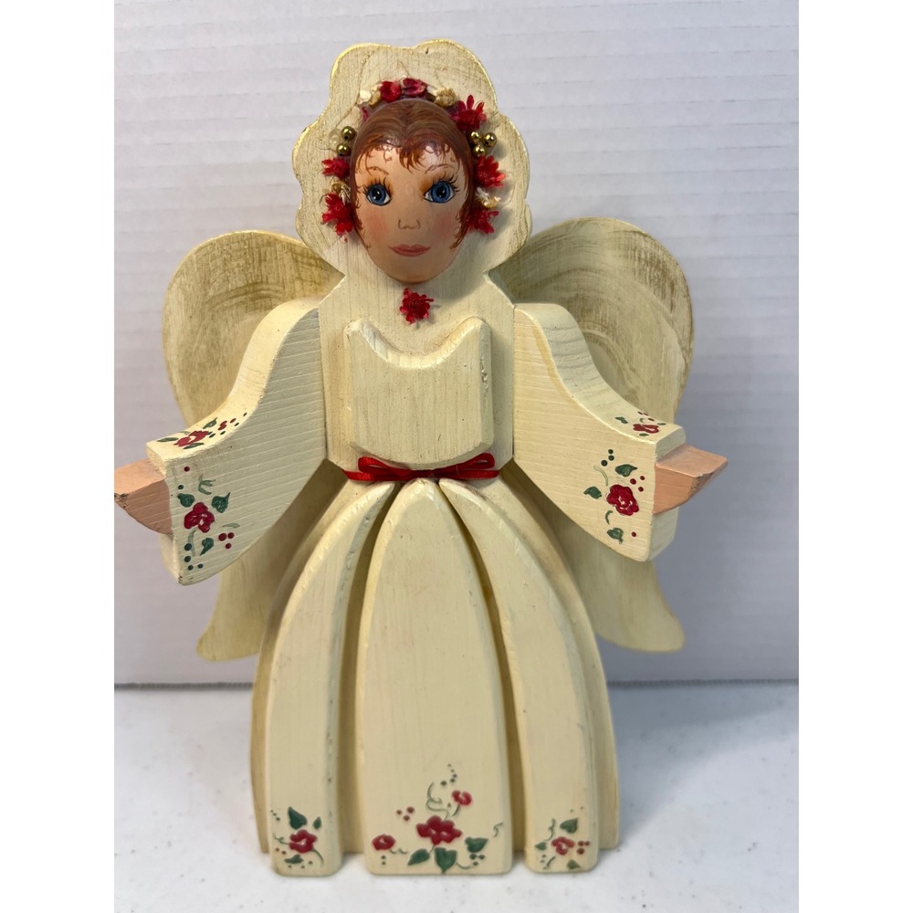 Vintage 1995 Hand Painted Wood Angel Figurine Folk Art Christmas Decor